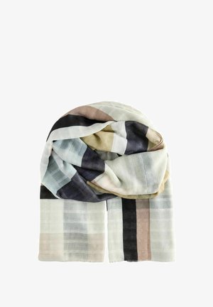 Linnen sjaal in een geweven patroon met lichtblauwe, beige, donkerblauwe en zwarte strepen. Zachte textuur met rafelige randen.