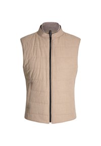 Beige gesteppte Weste mit hohem Kragen, Front-Reißverschluss und Seitentaschen. Glatte Stofftextur und horizontales Steppmuster.