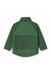 Giacca in pile verde con colletto alto, corpo testurizzato e pannelli lisci. Presenta un orlo curvo e maniche lunghe. Vista posteriore mostrata.