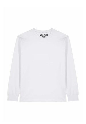 Maglietta bianca a maniche lunghe con collo rotondo e polsini a coste, con etichetta "MIRA PARIS" all'interno del collo.