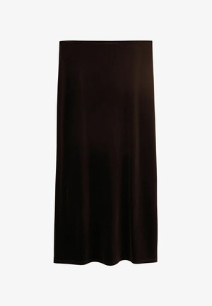 Black knee-length straight skirt with a smooth texture and a simple waistband.