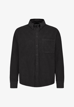 Black corduroy long-sleeve button-up shirt with chest pocket and buttoned collar, displayed on a white background.