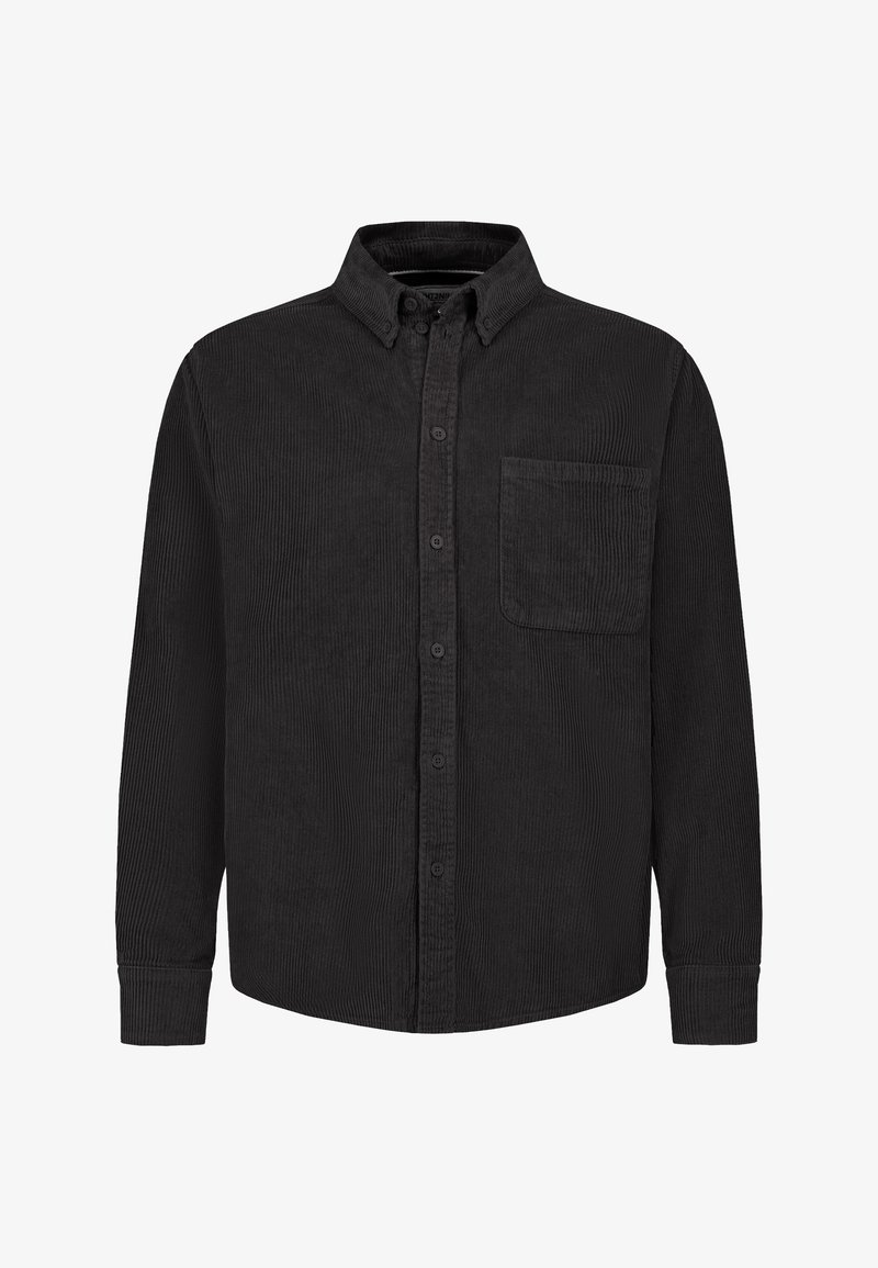 Black corduroy long-sleeve button-up shirt with chest pocket and buttoned collar, displayed on a white background.