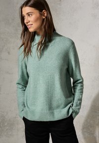 Mintgrön tröja, mjuk textur, ribbade ärmslut och nederkant, avslappnad passform, kombinerad med svarta byxor, mot en neutral bakgrund.