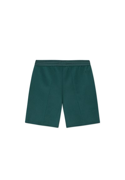 Shorts de sport verts avec une ceinture élastique, dotés d'une texture lisse et de plis sur le devant. Design simple, sans éléments métalliques visibles.