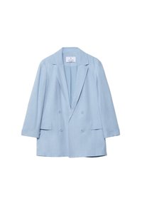 Hellblaues doppelreihiges Leinenblazer mit einem Reverskragen, langen Ärmeln und zwei Vordertaschen. Schlichtes Design mit klaren Linien.