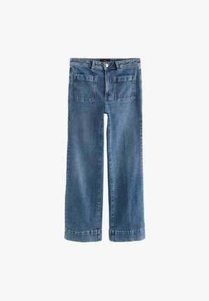 Jeans in denim blu chiaro con design a gamba larga, chiusura frontale con bottone e zip, due tasche anteriori e due posteriori, con orli con risvolto.