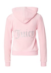 Rózsaszín kapucnis pulóver ezüst csillámos "Juicy" logóval a hátoldalán. Puha anyag bordázott mandzsettákkal és szegéllyel.