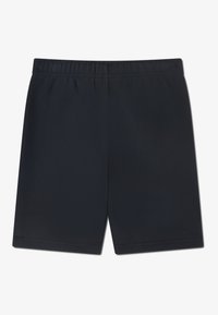 Shorts de sport bleu marine en tissu léger, dotés d'une ceinture élastique et d'une texture lisse, conçus pour le confort et la flexibilité.