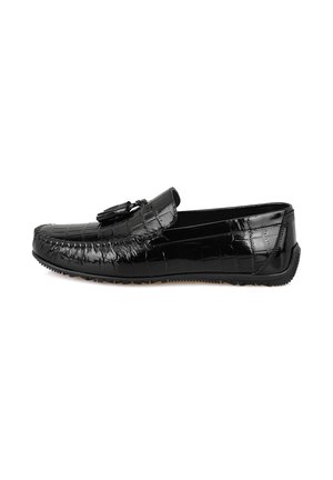 Schwarze Lederloafer mit glänzender Oberfläche, ausgestattet mit einem Krokodilmuster und einem dekorativen Quaste auf dem Schaft. Gummisohle für guten Halt.