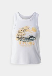 Biały top na ramiączkach z prążkowanego materiału, ozdobiony graficznym wzorem przedstawiającym palmy i słońce, z napisem "RIP CURL" w kolorach żółtym i czarnym.