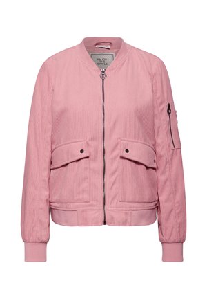 Giacca bomber in corduroy rosa con zip frontale, due tasche a pattina, polsini e orlo a coste, e una tasca con zip sul manica sinistra.