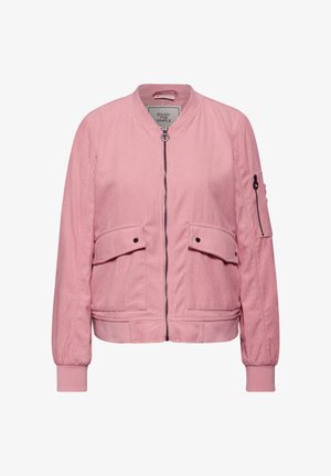 Chaqueta bomber de pana rosa con cierre frontal, dos bolsillos con solapa, puños y dobladillo acanalados, y un bolsillo con cremallera en la manga izquierda.