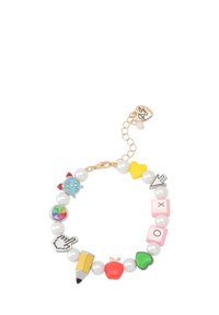 Colorful charm bracelet featuring pearl beads, playful shapes like hearts and pencils, and a gold-toned lobster clasp with extender chain.