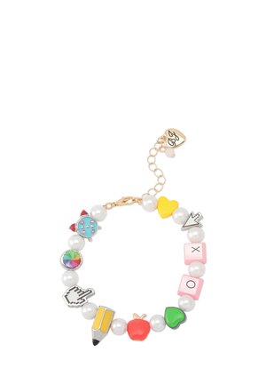 Colorful charm bracelet featuring pearl beads, playful shapes like hearts and pencils, and a gold-toned lobster clasp with extender chain.