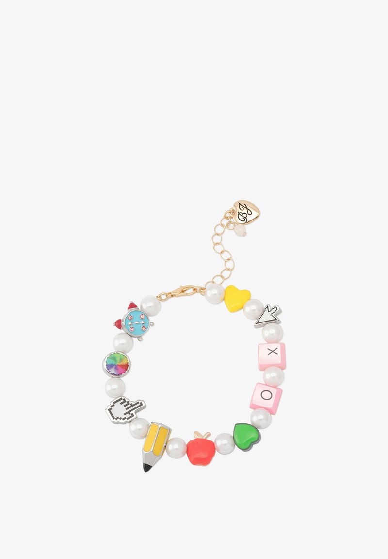 Colorful charm bracelet featuring pearl beads, playful shapes like hearts and pencils, and a gold-toned lobster clasp with extender chain.