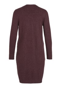 Robe-pull en maille à manches longues et longueur genou de couleur brun foncé, vue de dos sur fond blanc.