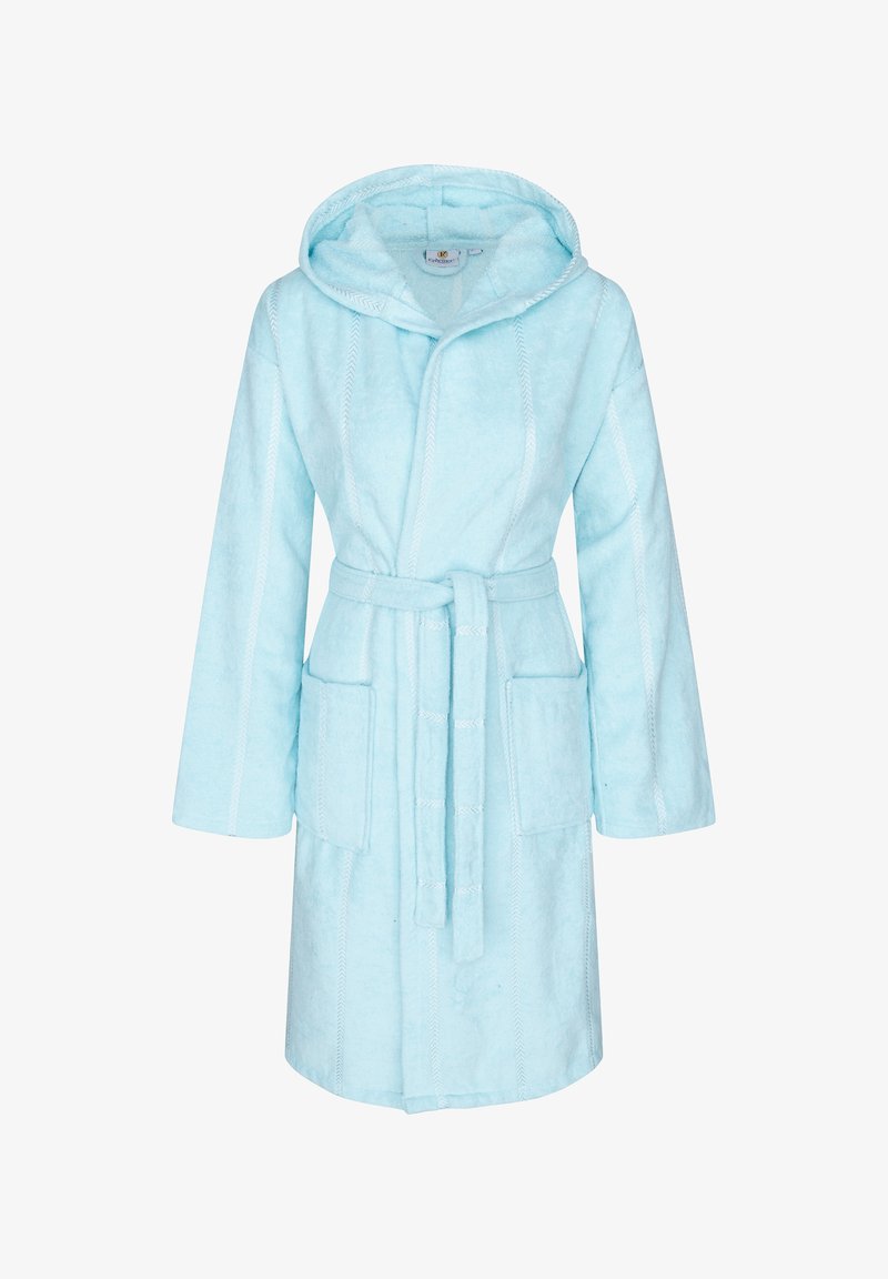 Light blue plush bathrobe with a hood, long sleeves, tie waist, and two front pockets; features white stitching details.