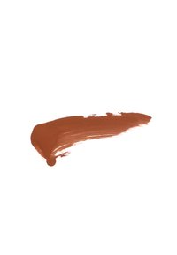 Traînée de peinture liquide marron sur un fond blanc, présentant une texture lisse et brillante avec une extrémité légèrement surélevée et un bout arrondi.