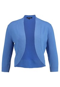 Blue knit cardigan with open front, three-quarter sleeves, and soft texture. Features a lighter blue interior lining.