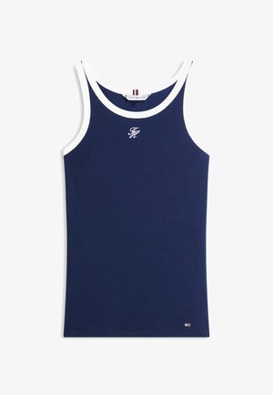 Navy blue ribbed tank top with white trim on neckline and armholes, small embroidered logo on chest and brand tag near hem.