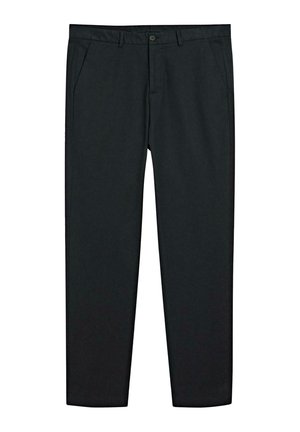 Schwarze Hosen aus einem glatten, leichten Stoff. Mit Knopfverschluss, Gürtelschlaufen und Seitentaschen. Gerades Bein Design.