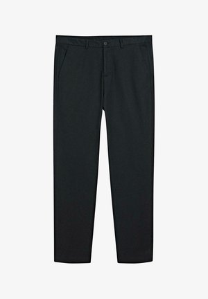 Black trousers made of a smooth, lightweight fabric. Features a button closure, belt loops, and side pockets. Straight-leg design.