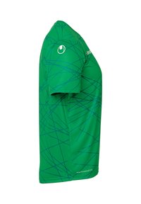 Grøn atletisk skjorte med korte ærmer, prydet med et blåt abstrakt linjemønster. Fremstillet af letvægts, åndbart stof med rund halsdesign.