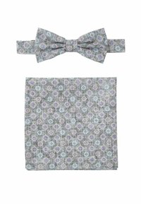 Fliege und Einstecktuch-Set aus strukturiertem grauem Stoff mit floralen Mustern in Lila- und Blauakzenten.