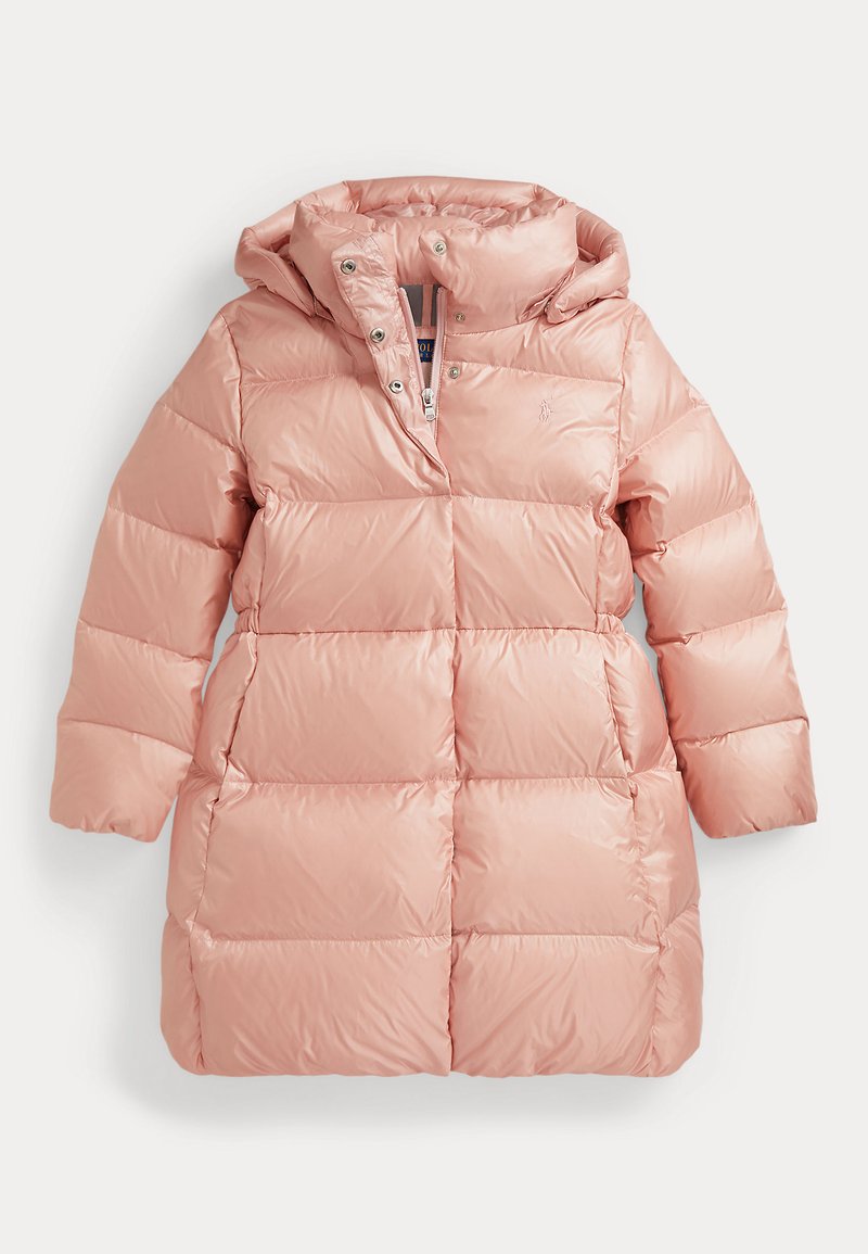 Gaiši rozā pūkainā jaka ar kapuci, ar rāvējslēdzēju un metāla poga, quilted dizains un elastīga josta pie fit.
