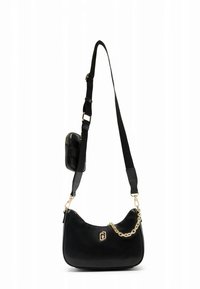 Geantă de umăr neagră din material sintetic neted. Are un accent cu lanț auriu și o curea reglabilă, cu un buzunar mic detașabil.