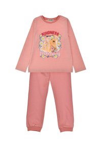 Pink long-sleeve top with white horizontal stripes and horse graphic, paired with solid pink joggers featuring elastic cuffs.