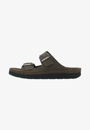 Brown leather sandals with two adjustable buckles, a textured footbed, and a contrasting black rubber sole. Classic design, open-toe style.