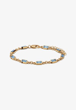 Goldenes Gliederarmband mit rechteckigen hellblauen Edelsteinen, gleichmäßig auf die Glieder verteilt, und einem Karabinerverschluss.