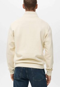 Cream-colored sweatshirt with a collar, ribbed cuffs, and hem. Soft fabric texture; shown from the back with dark jeans.