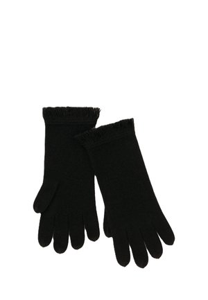 Pair of black knit gloves with a fringe detail at the wrist, displayed flat against a white background.