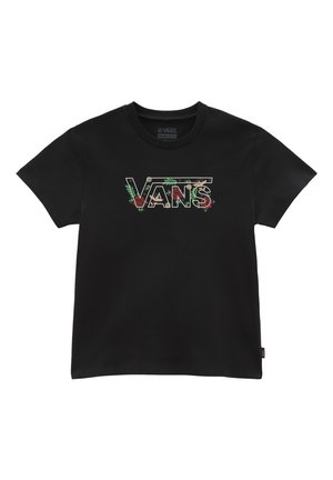 Czarna koszulka z krótkim rękawem z logo Vans w kwiatowy wzór w kolorach zielonym, czerwonym i białym, umieszczonym na środku klatki piersiowej.