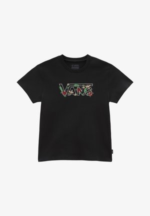 Camiseta negra de manga corta con el logo de Vans con un patrón floral en verde, rojo y blanco centrado en el pecho.