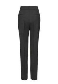 Tumedast hallid kohandatud püksid tekstuurse kangaga, kitsas lõige, kaks tagumist taskut ja sile vöökoht. Viimistluse detailideks on pressitud voldid.