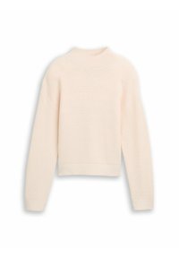 Lichtbeige geribde trui met een hoge kraag, verlaagde schouders en lange mouwen. Gelaagde stof met een losse, cropped pasvorm.