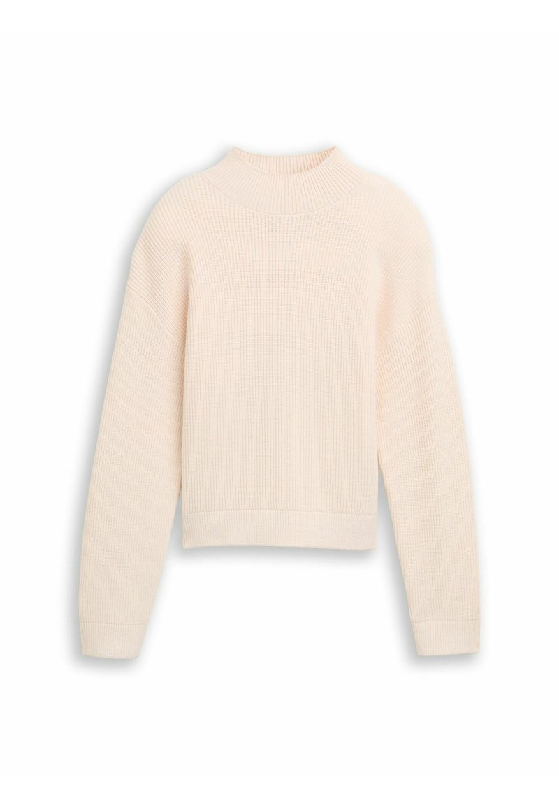 Lichtbeige geribde trui met een hoge kraag, verlaagde schouders en lange mouwen. Gelaagde stof met een losse, cropped pasvorm.