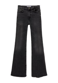 Sorte denim jeans med høj talje, fem-lomme design, knap- og lynlås lukning samt brede flared ben.