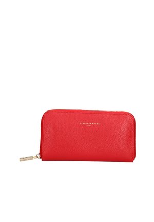 Portafoglio a zip in pelle rossa con texture, zip dorata e "Virginia Rhine Italy" impresso in oro al centro frontale.