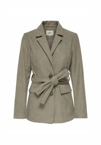 Suède jas in lichtgrijs, met een gekartelde kraag, lange mouwen, knopen aan de voorkant en een strikceintuur voor extra definitie.