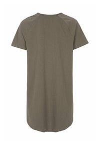 Olivgrön T-shirtklänning med korta ärmar, rundad halsringning och en lätt svängd nederkant. Mjuk tyg med en jämn yta.