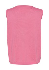 Ärmlös rosa stickad väst med rund halsringning och ribbad nederkant, visad bakifrån mot en vit bakgrund.