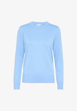 Jasnoniebieski sweter z długim rękawem, wykonany z miękkiej dzianiny. Okrągły dekolt, ściągacze przy mankietach i dolnej części, gładka faktura, bez wzorów czy ozdób.
