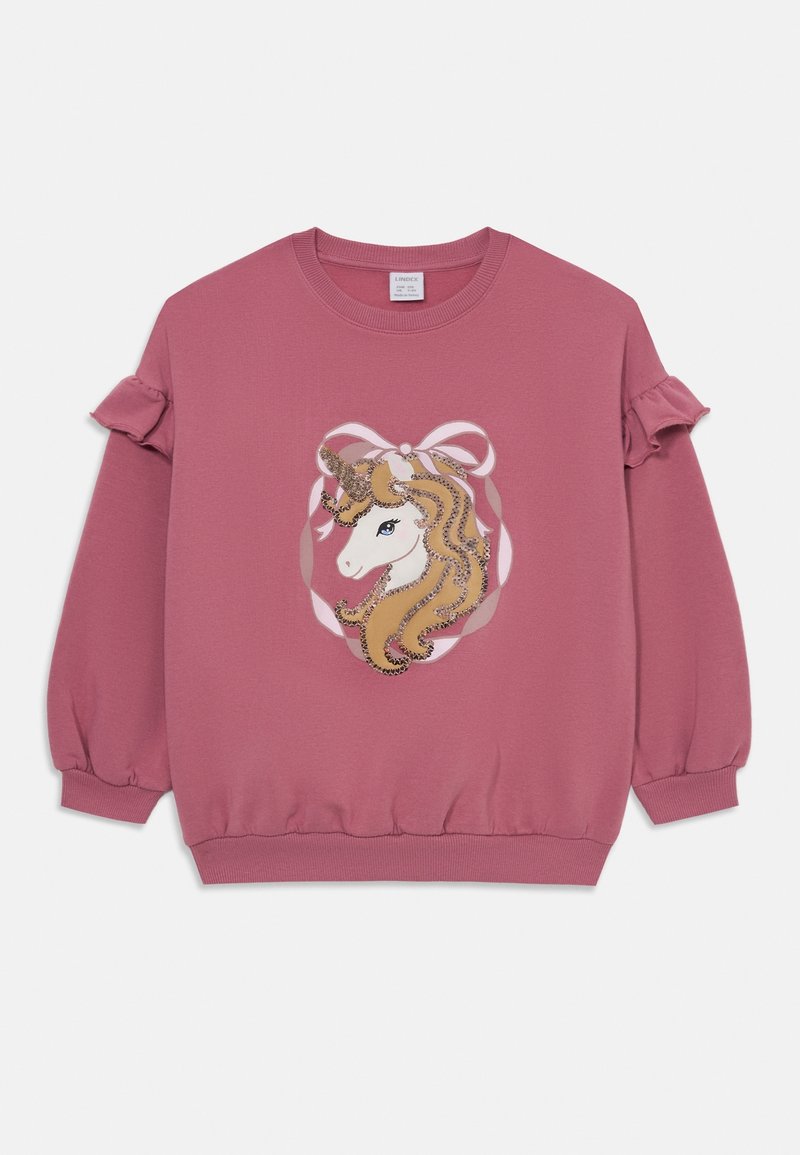 Sweat-shirt à manches longues rose poudré pour enfants, avec des détails à volants sur les manches et une tête de licorne scintillante avec un nœud sur le devant.