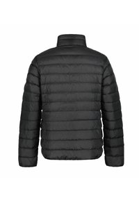 Black padded jacket with a high collar, featuring a horizontal quilted design and smooth, shiny texture. No visible hardware or accents.