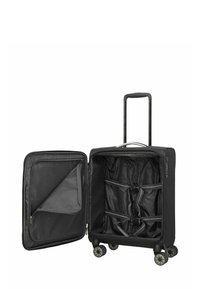 Maleta rígida negra con cuatro ruedas, asa extensible, compartimentos con cremallera y correas interiores para asegurar los objetos.